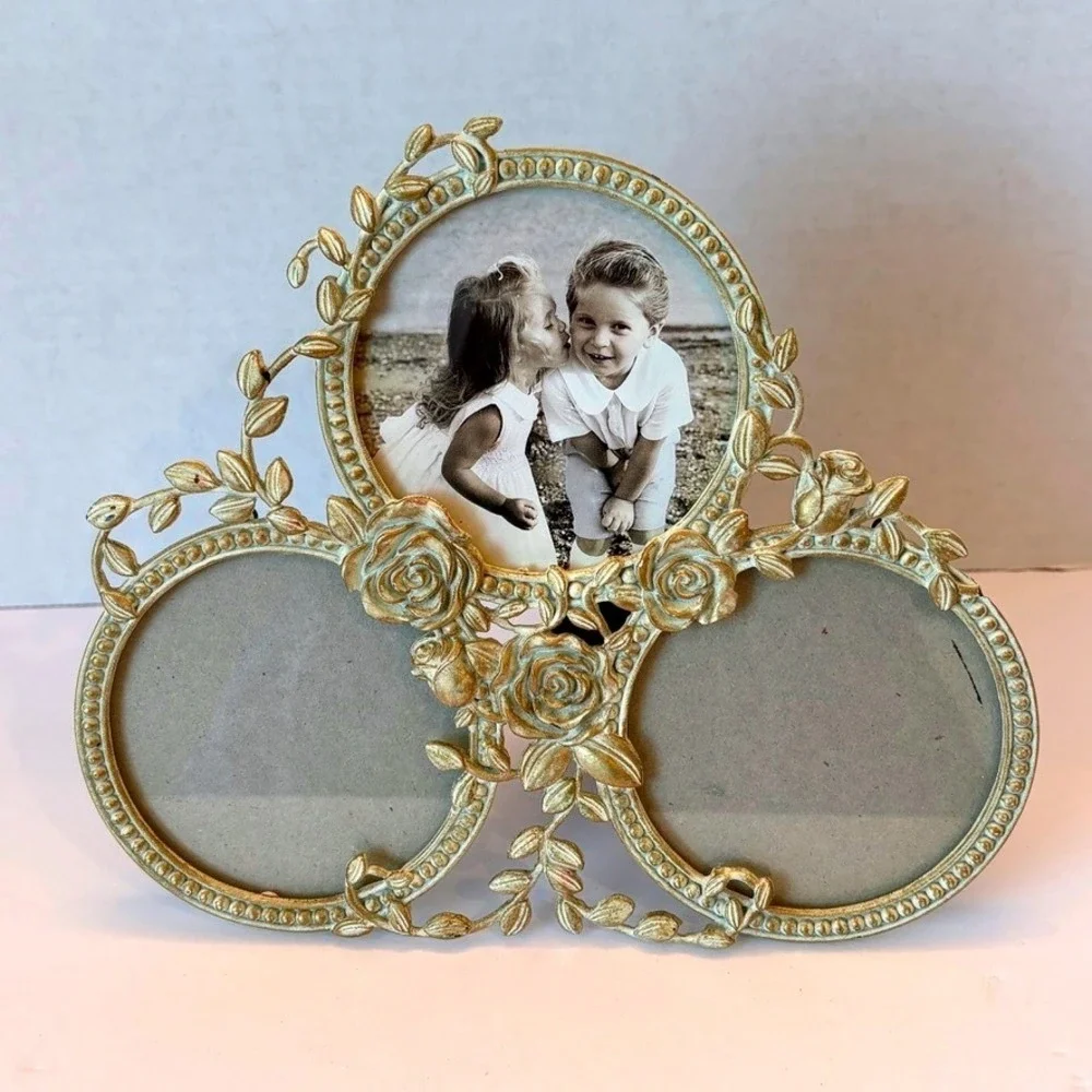 Vtg Burnes Boston Triple PhotoFrame 8X7 Antiqued Roses Birds Victorian Cottage